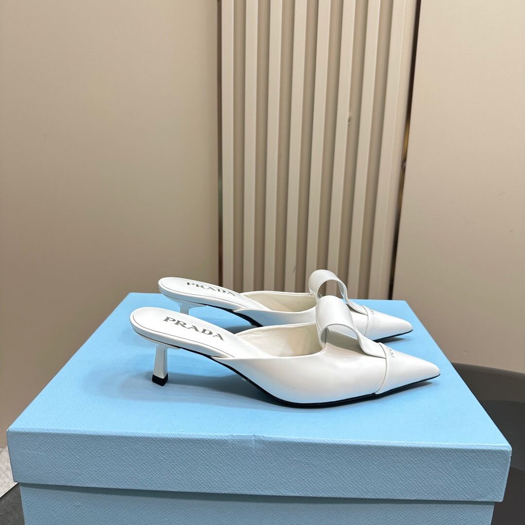 2025 Women Prada White Leather High Heel Mules
