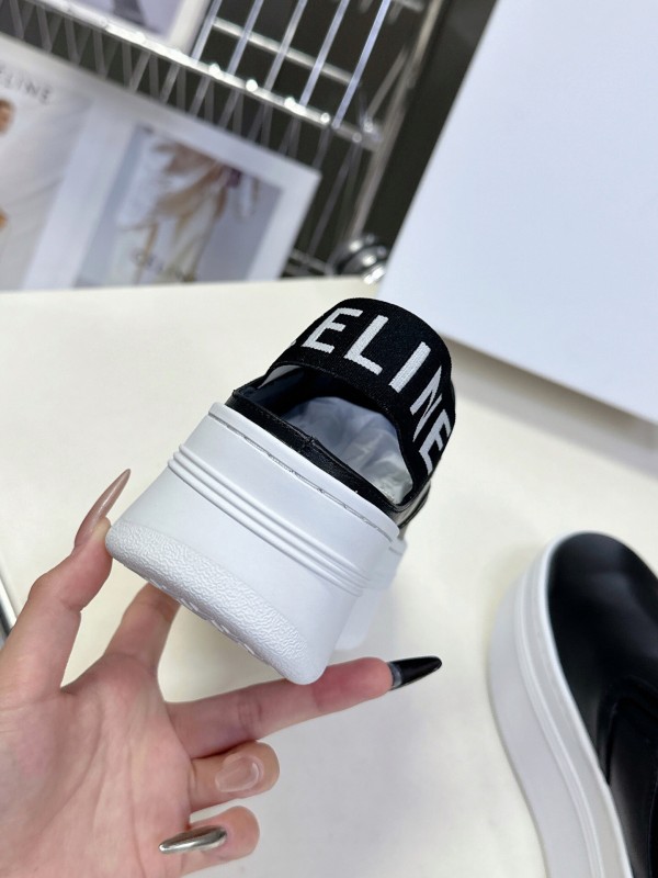 2025 Women CELINE Black White Leather Slip-On Sneakers LY00280