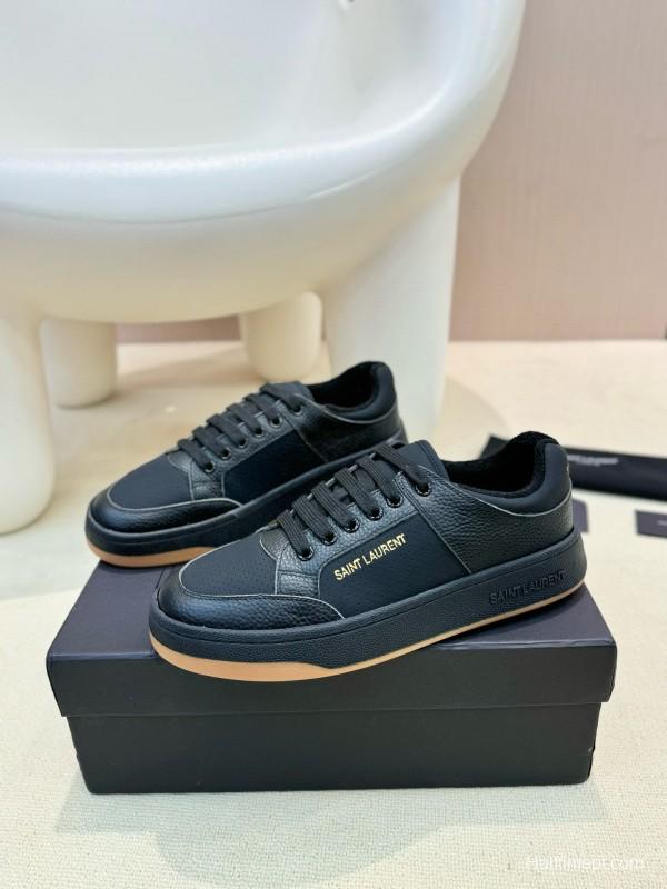 2024 Unisex Yves Saint Laurent Black Silk Leather Casual Shoes Embossed Logo MJ00350