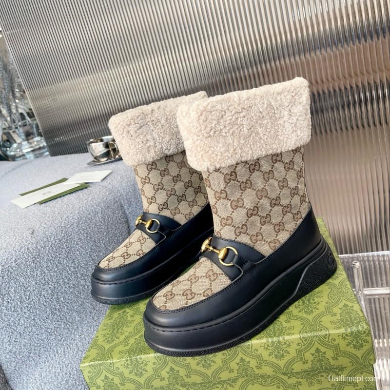 2024 Women Gucci Beige Brown Leather Snow Boots Horsebit MJ00420