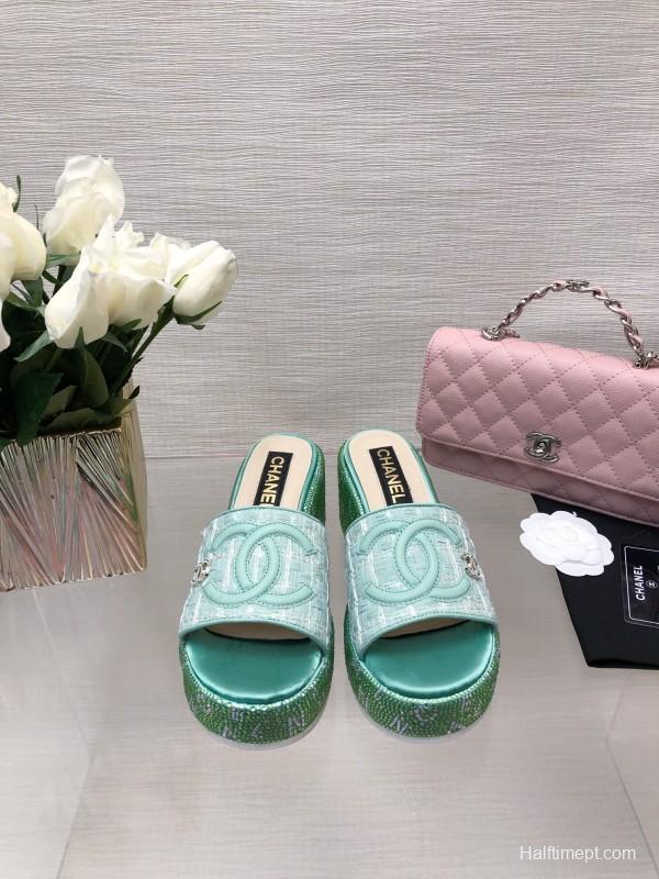 2025 Women Chanel Green Turquoise Tweed Platform Slippers LY00320