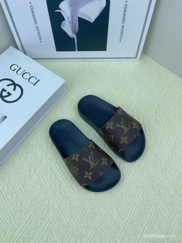 2025 Kids Louis Vuitton Brown Black Leather Slippers