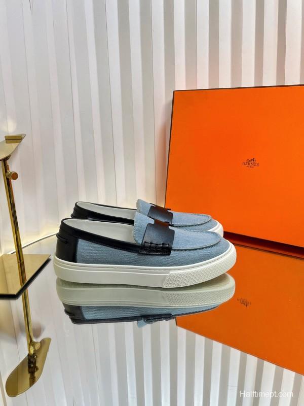 2025 Women Hermès Blue Black Leather Denim Loafers LY00310