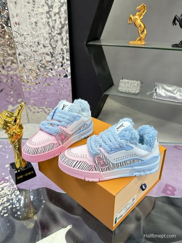 2024 Unisex Louis Vuitton Blue Pink Leather Sneakers