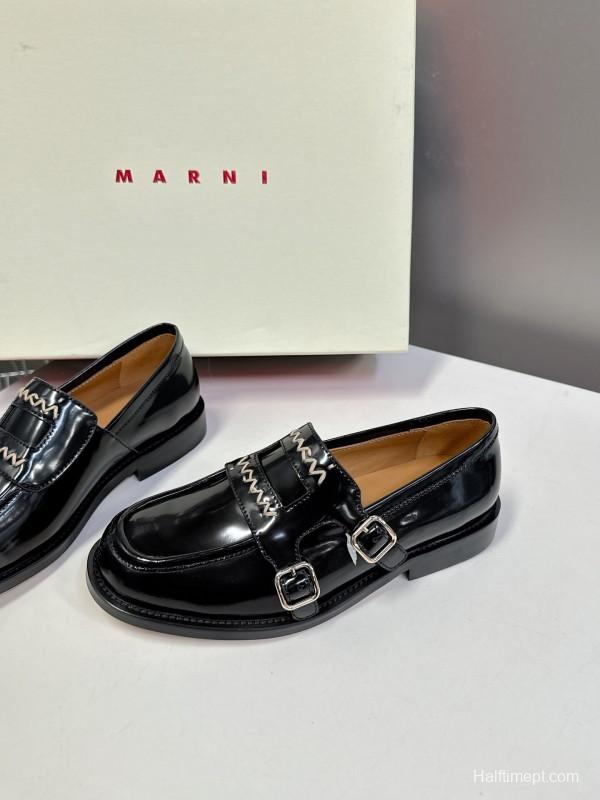 2025 Women Marni Black Leather Loafers KFY00320