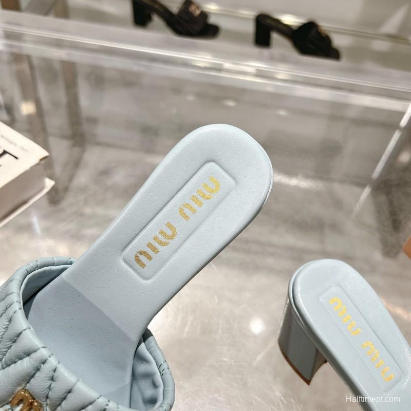 2025 Women Miumiu Light Blue Sheepskin Heeled Sandals
