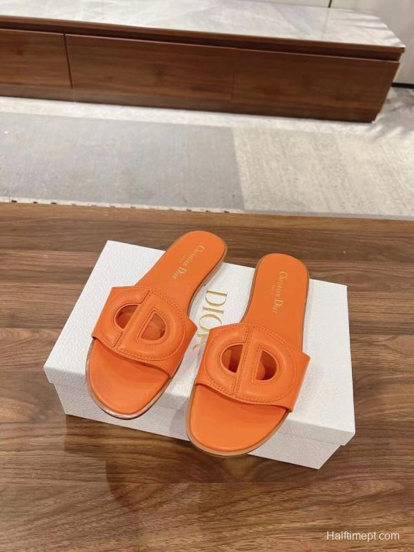 2025 Women Dior Orange Leather Slippers LY00260