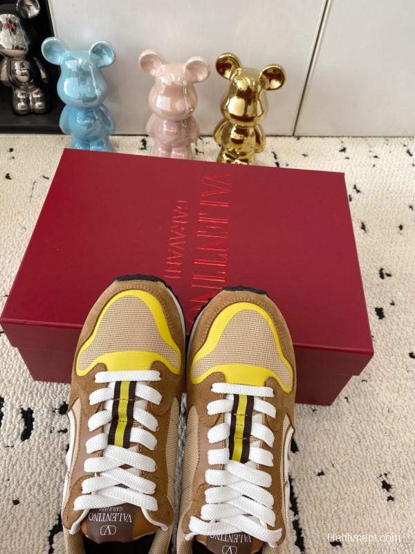 2025 Unisex Valentino Beige Brown Yellow Suede Silk Cow Leather Sneakers LY00340