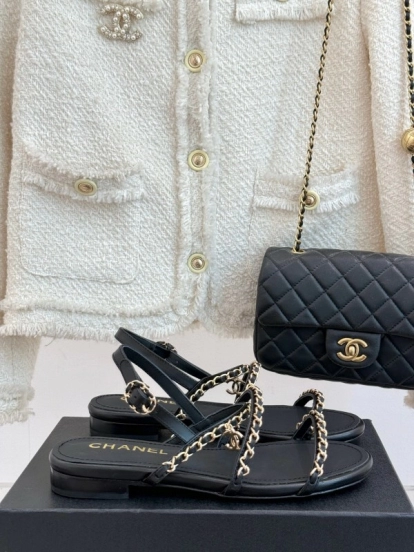 2025 Women Chanel Black Leather Slingback Sandals Chain KFY00270