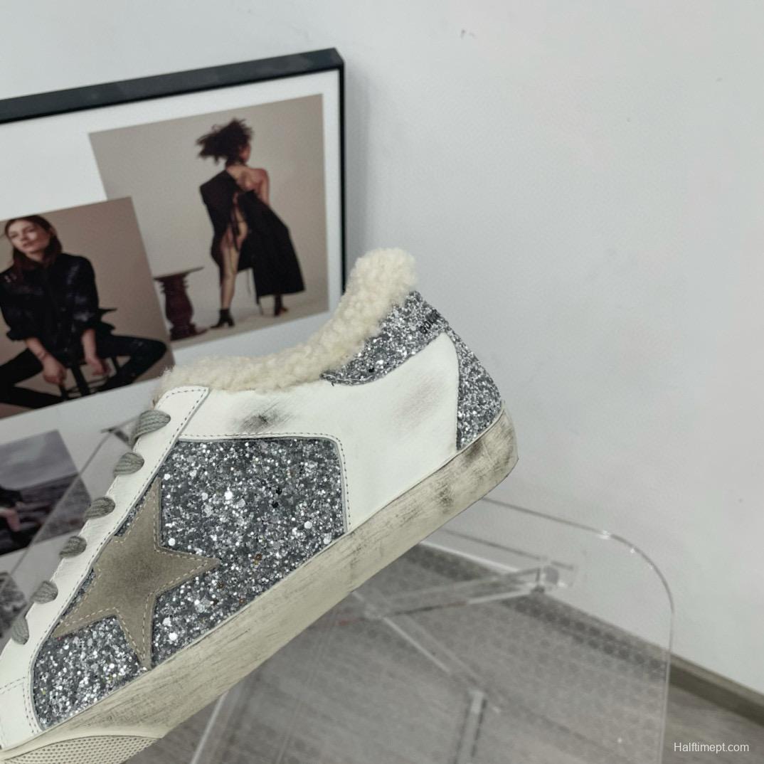2025 Women GGDB White Silver Suede Leather Glitter Star Sneakers