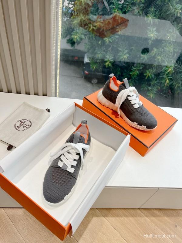 2024 Unisex Hermès Black Orange Calfskin Suede Sneakers MJ00290(M/W)