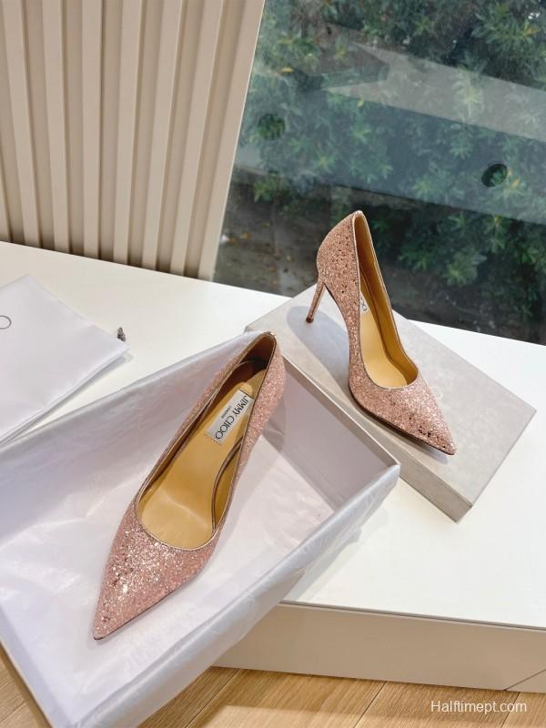 2025 Women Jimmy Choo Pink Glitter Leather Pointed Toe Pumps KFY00280