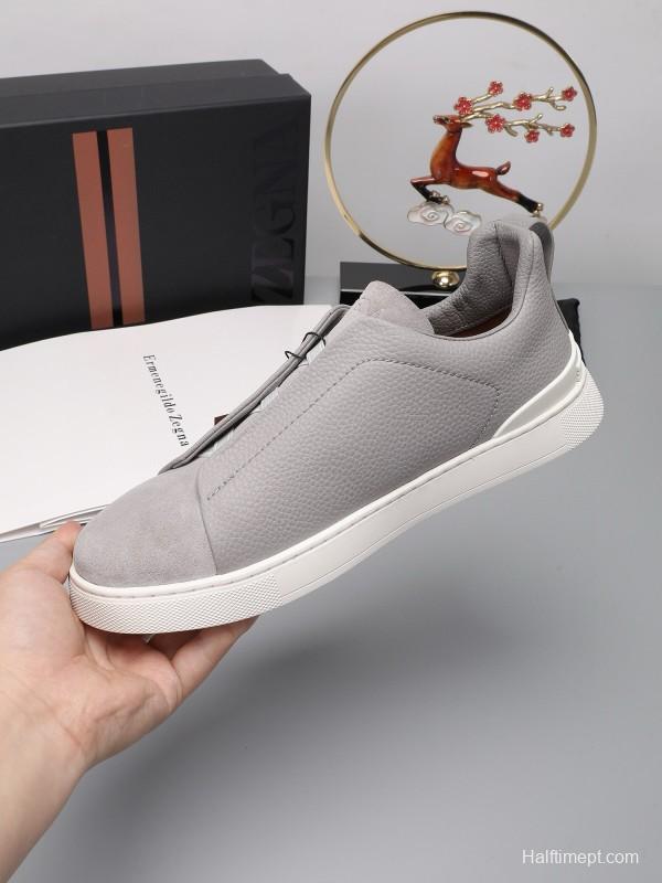 2024 Men Ermenegildo Zegna Light Grey Leather Suede Low Top Sneakers MJ00240