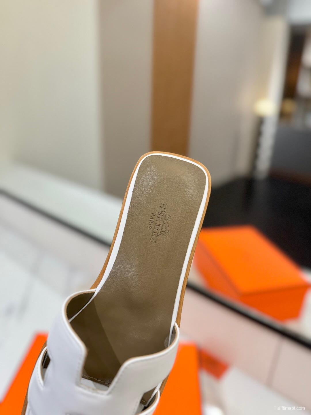 2025 Women Hermès White Leather Slippers