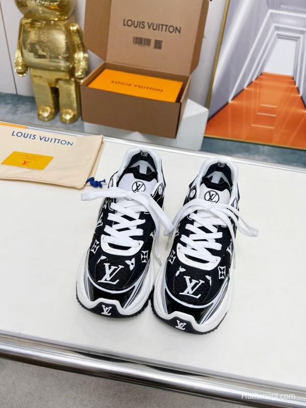 2025 Unisex Louis Vuitton Black White Fabric Leather Sneakers LY00340(F)/LY00341(M)