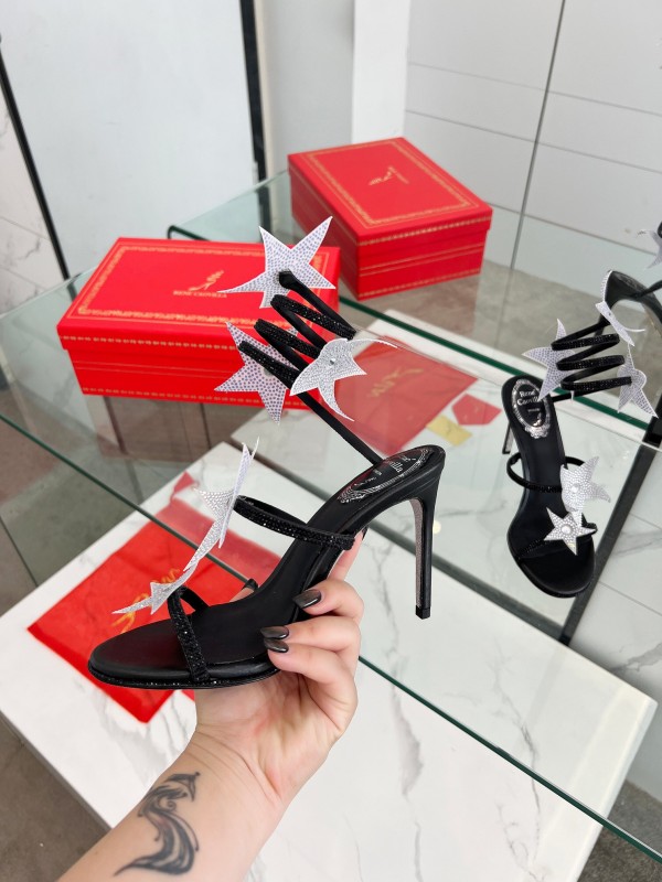 2025 Women RC Black Silk Crystal Star High Heel Sandals LY00340