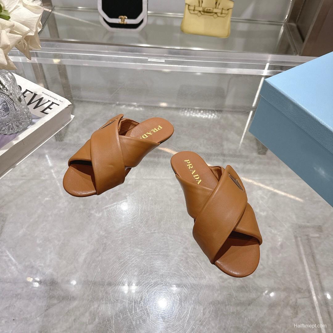 2025 Women Prada Brown Leather Slippers