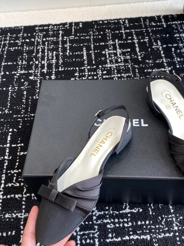 2025 Women Chanel Black Satin Silk Leather Sandals Bow KFY00289