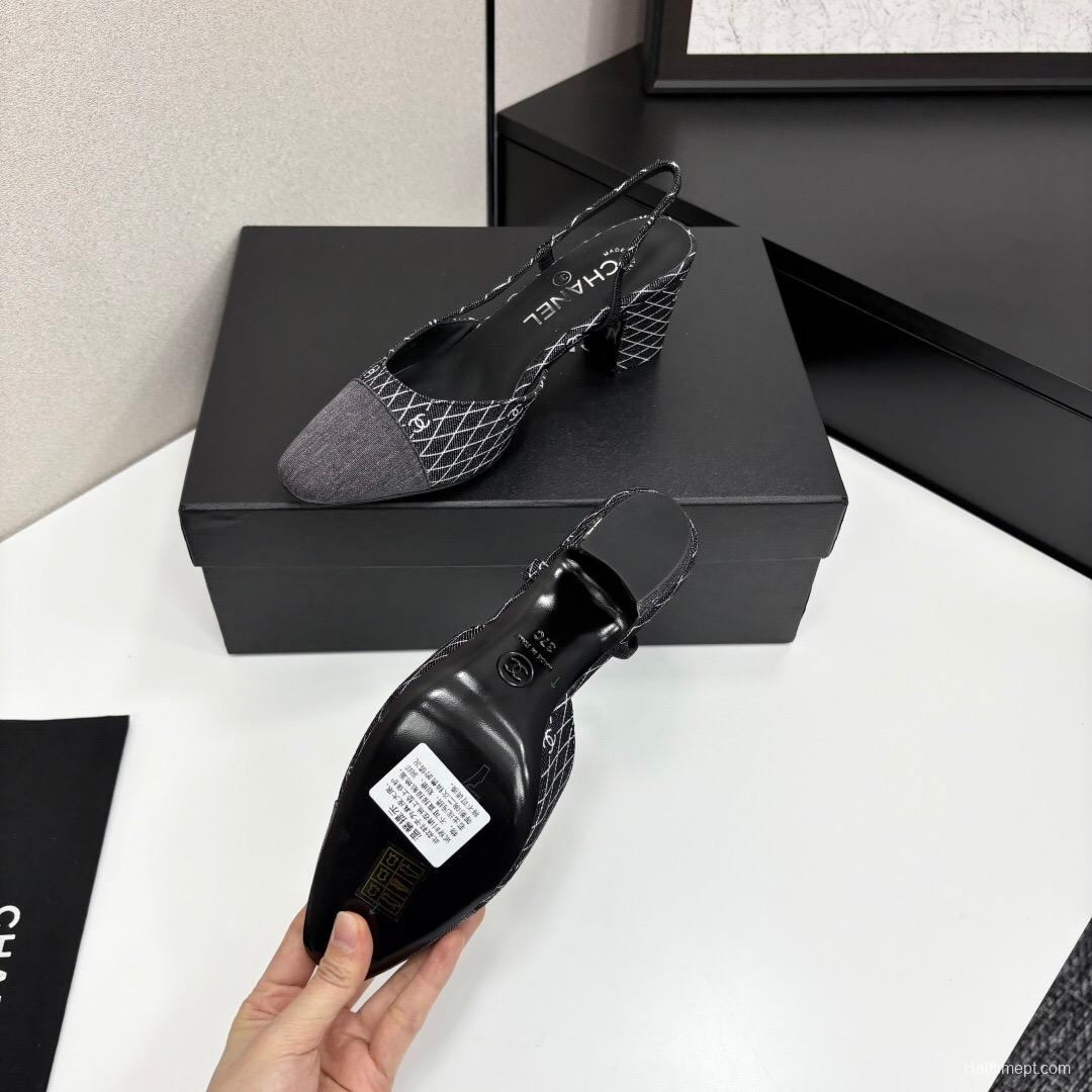 2025 Women Chanel Black White Fabric Slingback Heel LY00240
