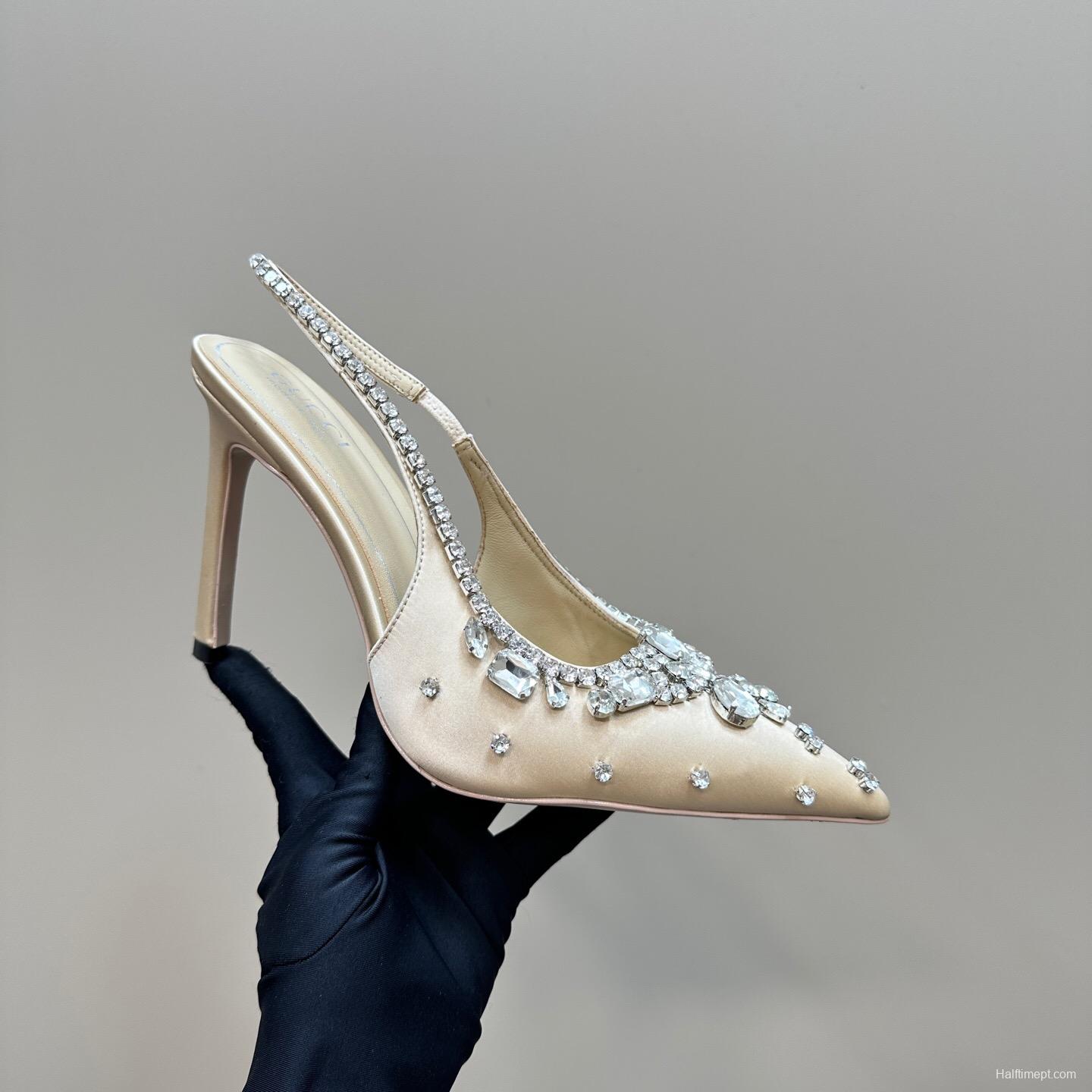 2025 Women Gucci Beige Silk Crystal Embellished Slingback Heels KFY00340