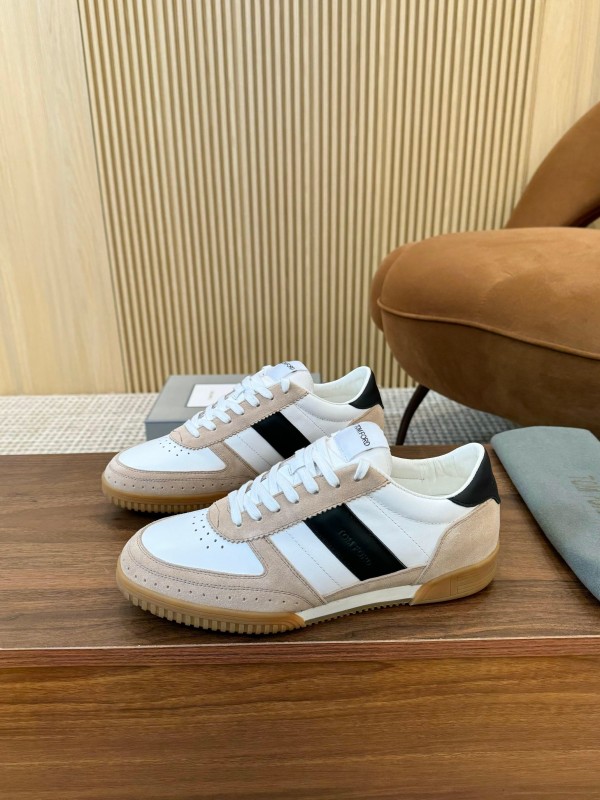 2025 Unisex TOM FORD White Black Beige Leather Suede Sneakers LY00360