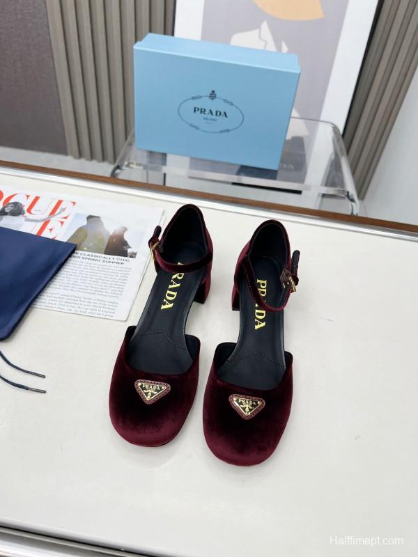 2025 Women Prada Burgundy Velvet Mary Jane Buckle KFY00270