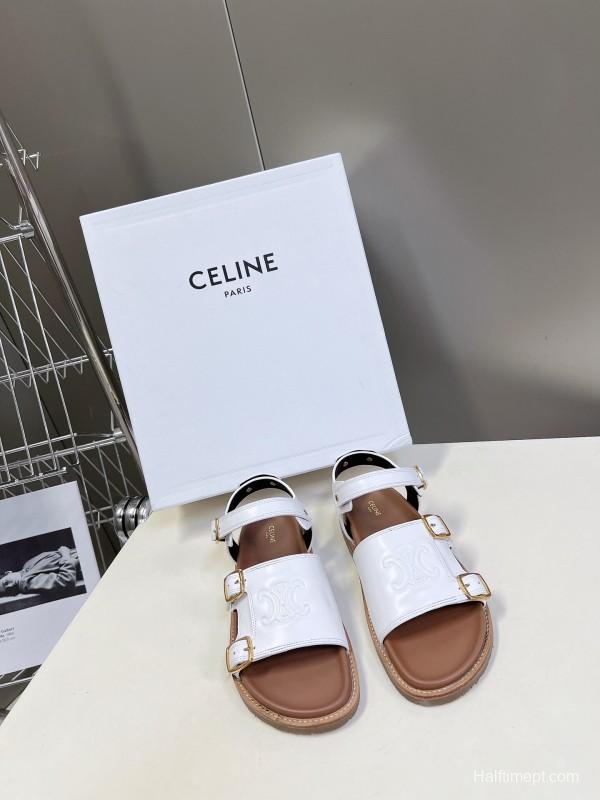 2025 Women Celine White Leather Sandals Buckle KFY00280