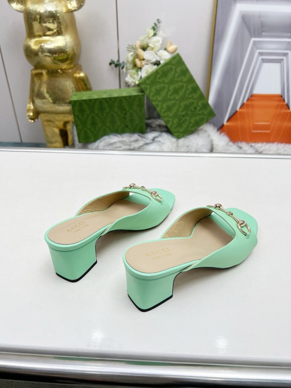 2025 Women Gucci Green Leather Heeled Slippers MJ00180