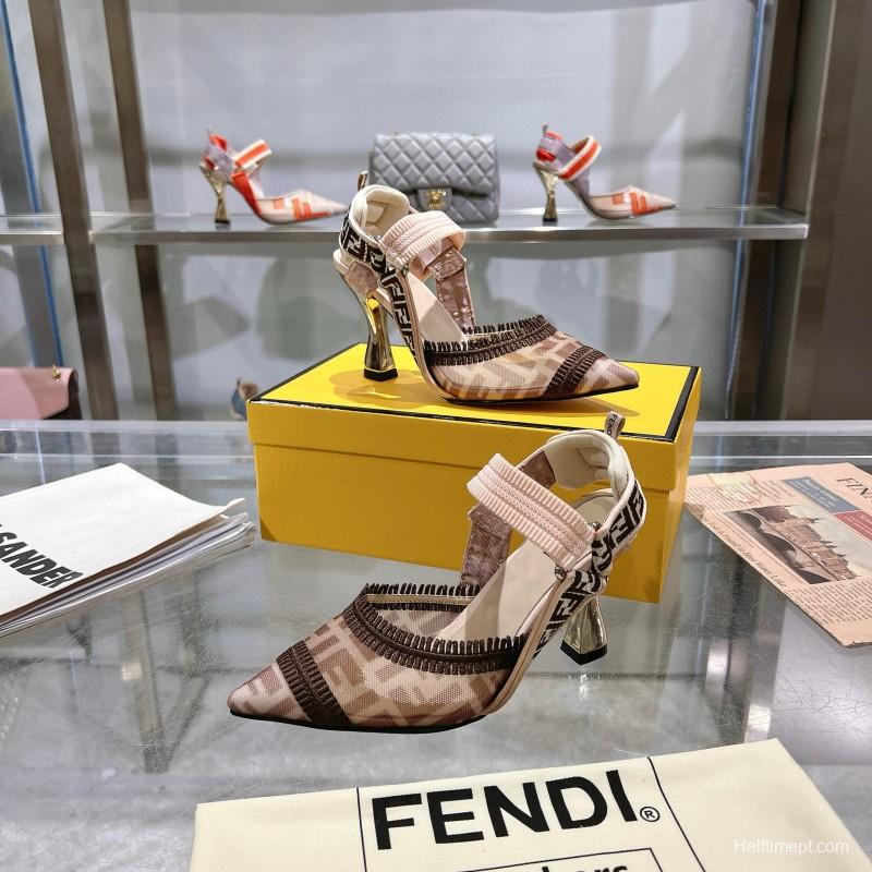 2025 Women Fendi Beige Brown Fabric Leather High Heels MJ00280