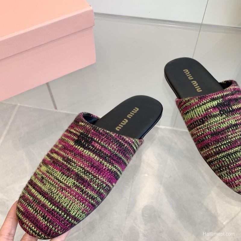 2025 Miumiu Purple Green Black Knitted Slippers
