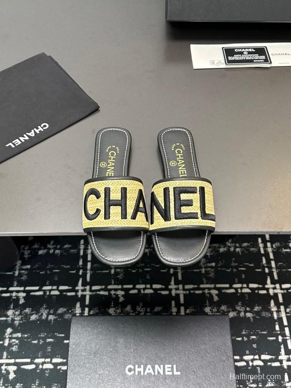 2025 Slippers Chanel Yellow Black Fabric Slide