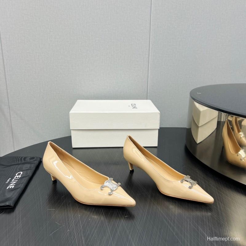 2025 Women Celine Beige Patent Leather Pointed Toe Heel Metal Ornament KFY00290