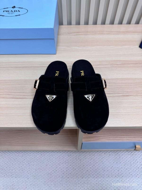 2025 Slippers Prada Black Suede Slippers LY00280