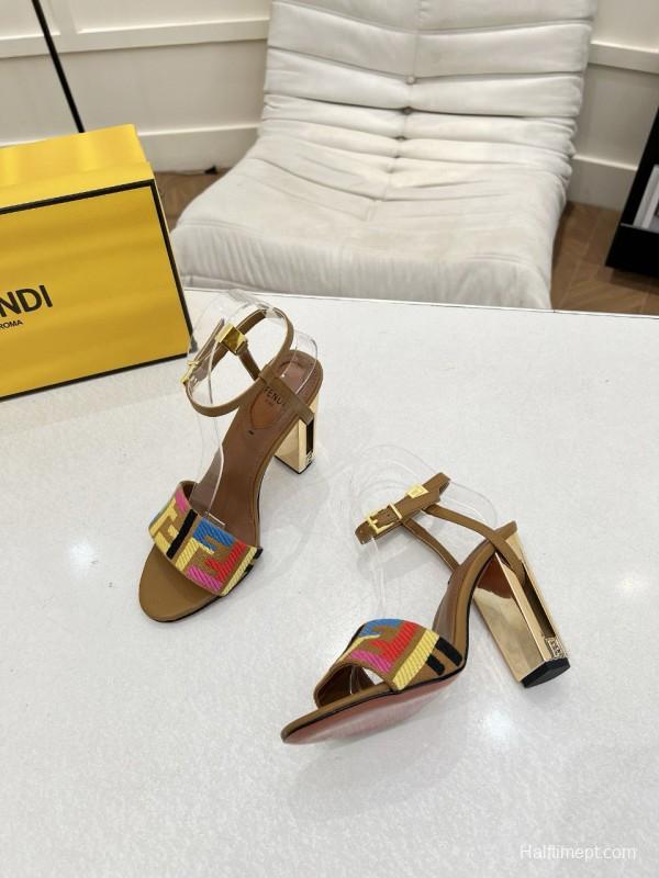 2025 Women Fendi Brown Multicolor Leather High Heel Sandals MJ00280