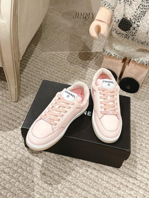 2025 Women Chanel Pink Leather Sneakers