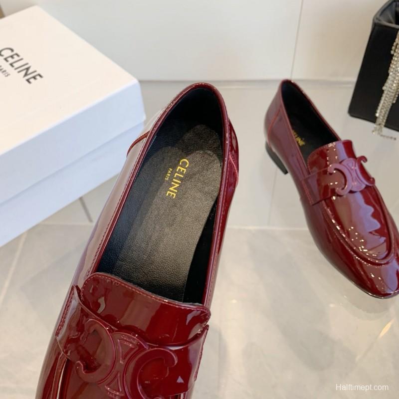 2025 Women CELINE Burgundy Patent Leather Loafers