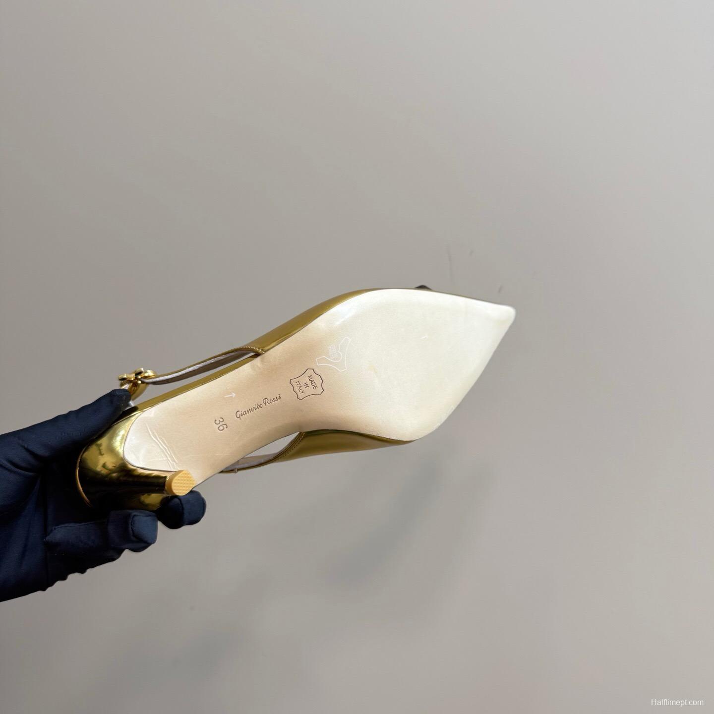 2025 Women Gianvito Rossi Gold Leather Slingback Gemstone KFY00300