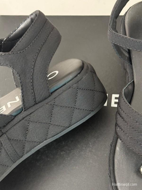2025 Women Chanel Black Fabric Platform Sandals
