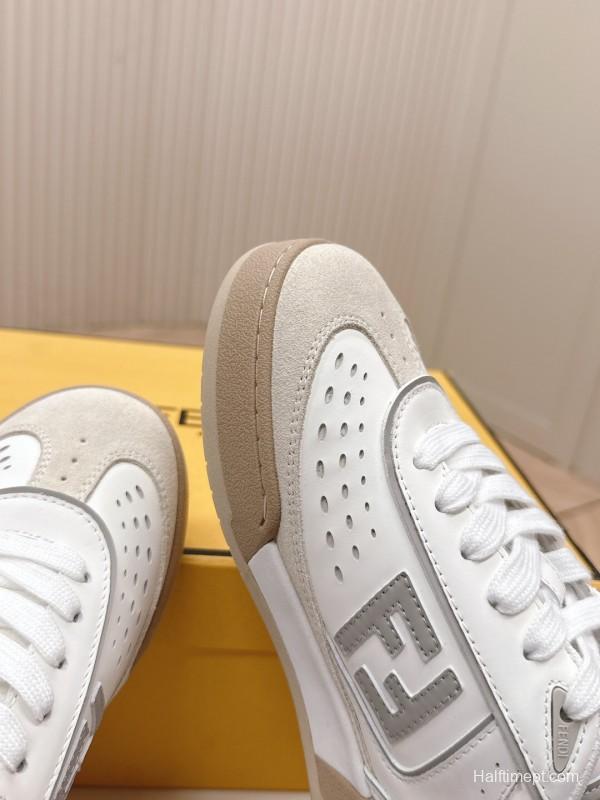 2025 Unisex Fendi White Beige Leather Plimsolls FF Logo LY00350(F)/LY00360(M)