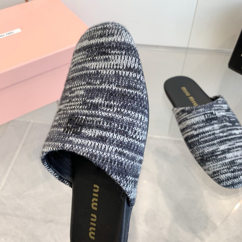 2025 Women Miu Miu Black White Knit Leather Slippers