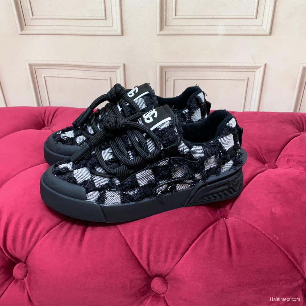 2025 Unisex Dolce & Gabbana Black White Fur Canvas Sneakers