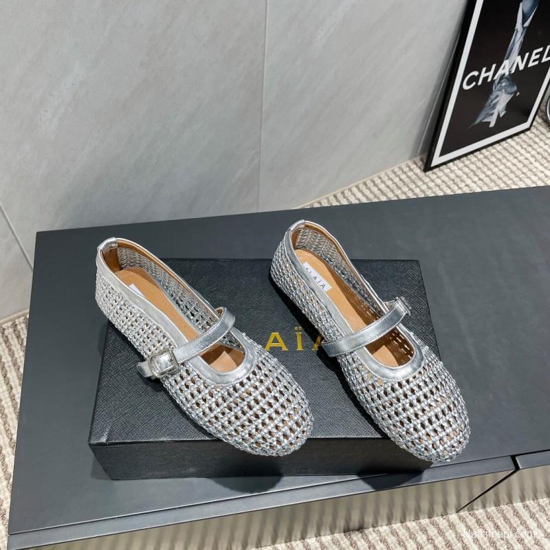 2025 Women Alaïa Silver Leather Woven Mary Jane Flats LY00360(F)