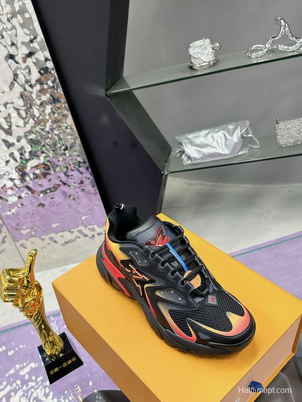 2025 Men Louis Vuitton Black Yellow Orange Mesh Leather Sneakers MJ00420