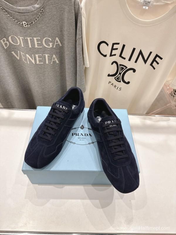 2025 Unisex Prada Navy Blue Suede Casual Shoes KFY00300