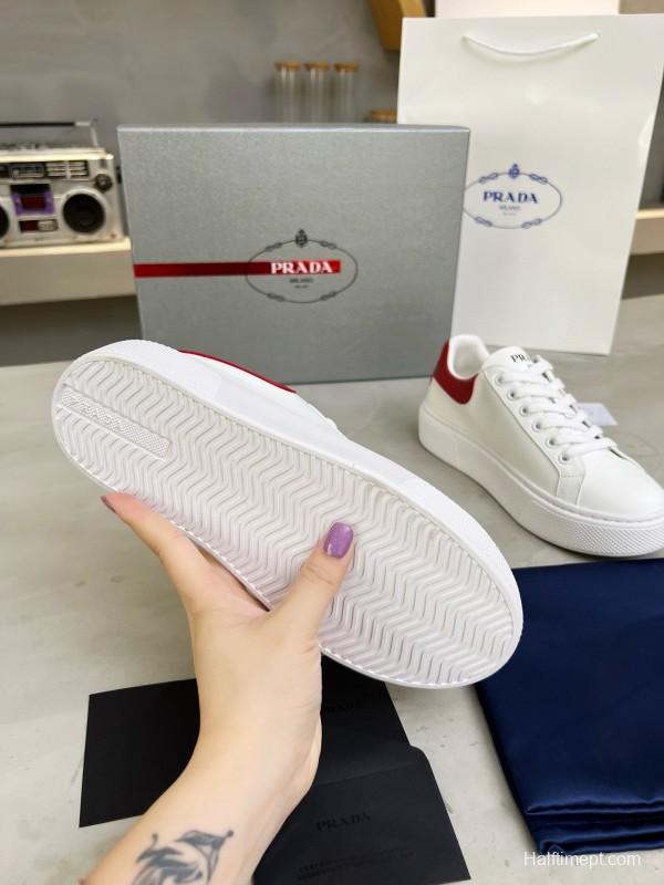 2024 Unisex Prada White Red Calfskin Silk Thick Sole Sneakers MJ00310