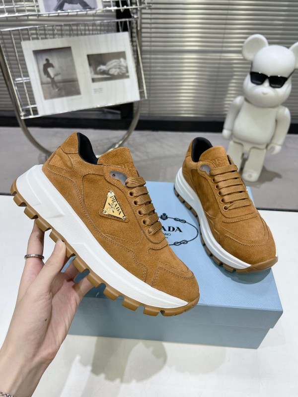 2025 Unisex Prada Brown Suede Leather Sneakers KFY00310