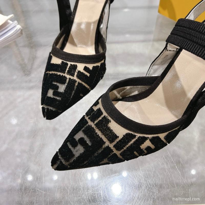 2025 Women Fendi Black Beige Fabric Leather High Heel MJ00280