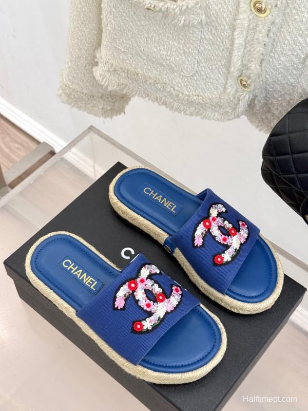2025 CHANEL Blue Canvas Slippers Embroidered KFY00230