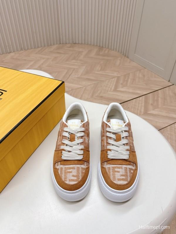 2025 Women Fendi Brown Leather Fabric Sneakers LY00340