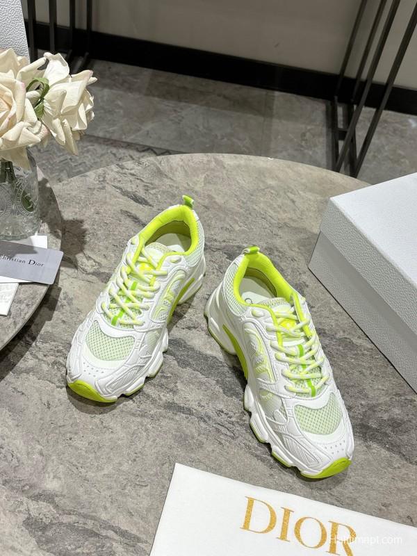 2025 Women Dior White Neon Yellow Mesh Leather Sneakers KFY00370